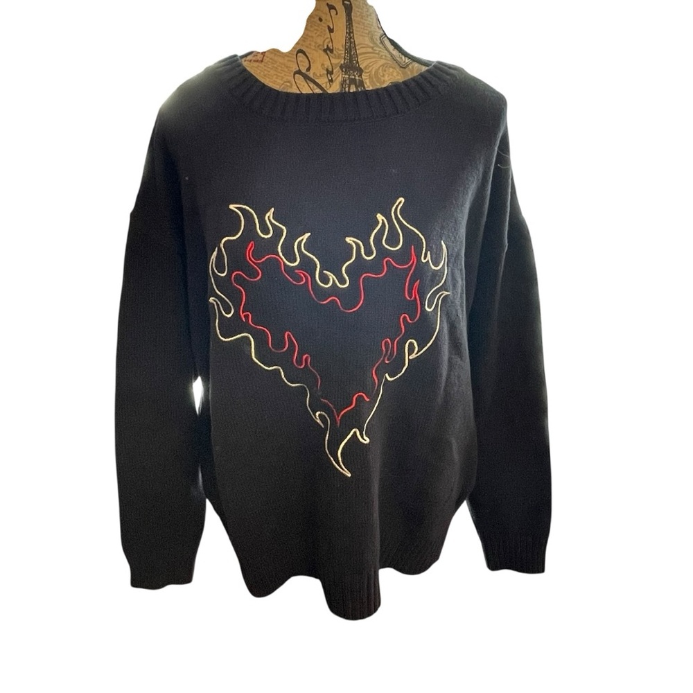 Blue Blush Black Sweater with Flame Heart Design